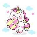 Cute unicorn cartoon hug heart donut for cafÃ© logo, bakery shop. Series: Kawaii animal pony isolated on white background