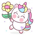 Cute unicorn cartoon kawaii vector animal holding flower horn horse fairytale