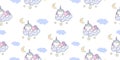 Cute unicorn cartoon kawaii vector animal sleep on cloud holding magic star horn horse fairytale