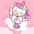 Cute unicorn cartoon kawaii vector animal sleep on cloud horn horse fairytale illustration Royalty Free Stock Photo