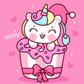 Cute unicorn cartoon kawaii vector wear santa hat Christmas cupcake animal horn horse fairytale illustration Royalty Free Stock Photo