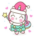 Cute unicorn cartoon kawaii vector wear santa hat Christmas festival animal horn horse fairytale illustration with magic wand Royalty Free Stock Photo