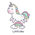 Cute Unicorn cartoon little pony jump on air with rainbow cartoon for nursery poster