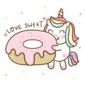 Cute Unicorn cartoon Pastel pony birthday with sweet Donut of illustration Vector