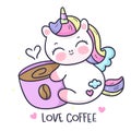 Cute Unicorn cartoon Pegasus Pony hug coffee cup Good morning