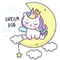 Cute Unicorn cartoon Princess Pegasus baby sleeping night on moon Royalty Free Stock Photo