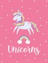 Cute unicorn cartoon rainbow hair tail clouds magic card Royalty Free Stock Photo