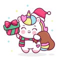 Cute unicorn cartoon Santa Christmas bag. X mas card happy new year