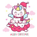 Cute unicorn cartoon Santa Christmas. X mas card happy new year kids