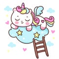 Cute unicorn cartoon sleep on cloud. Series: Kawaii animal pony isolated on white background Royalty Free Stock Photo