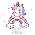 Cute unicorn cartoon on sprinkles rainbow Royalty Free Stock Photo