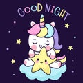 Cute unicorn cartoon on star: Series fairy girl child pony kawaii animal character Royalty Free Stock Photo