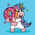 Cute Unicorn Cartoon with Sweet Donuts and Love. Vector Illustration. Romantic hand drawing or instructional media illustration Royalty Free Stock Photo