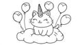 Cute Unicorn Cat Sitting on a Cloud with Balloons - Line Art Royalty Free Stock Photo