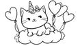 Unicorn Cat with Heart Balloons in Clouds, Black and White Vector Royalty Free Stock Photo