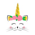 Cute unicorn cat face with flowers. Baby vector illustratio Royalty Free Stock Photo