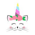 Cute unicorn cat face with flowers and rainbow horn. Baby vector illustration Royalty Free Stock Photo