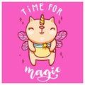 Cute unicorn cat with fairy wings and magic wand. Handwritten time for magic lettering. Vector colorful illustration