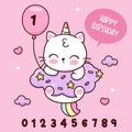 Cute Unicorn cat holding Birthday balloon and number Royalty Free Stock Photo