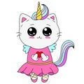 Cute unicorn cat with a rainbow tail in a dress and with a heart, vector children illustration Royalty Free Stock Photo