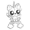 Cute unicorn cat sitting on the rainbow for coloring Royalty Free Stock Photo