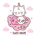 Cute Unicorn cat sleepy baby on Candy cotton cloud sweet dream Royalty Free Stock Photo