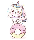 Cute Unicorn cat vector dance on cupcake donut cartoon sweet dessert pastel color, Series Girly doodles Kawaii animal illustration