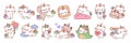 Cute unicorn cats. Funny color fairy animals with rainbow tails, baby adorable kittens sleeping, playing and cuddling