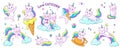 Cute unicorn cats. Funny doodle kitty characters on clouds and rainbows, kids doodle stickers in pastel colors. Vector