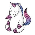 Cute unicorn character who meditates like yoga. Print for baby clothes. Vector