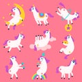 Cute unicorn characters. Doodle rainbow unicorns, fairy tale funny baby unicorn mascots. Fantasy magical pony vector