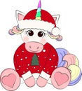 Cute unicorn in a christmas sweater with a tree in a christmas hat wishes a happy new year and merry christmas