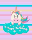 Cute unicorn on the cloud. Happy birthday card.