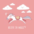 Cute unicorn and clouds postcard.