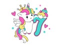 Cute unicorn collection in kawaii style with number seven