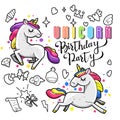 Cute unicorn collection with magic items, rainbow, fairy wings, crystals, clouds, potion. Hand drawn line style. Royalty Free Stock Photo