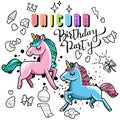 Cute unicorn collection with magic items, rainbow, fairy wings, crystals, clouds, potion. Hand drawn line style. Royalty Free Stock Photo