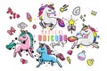 Cute unicorn collection with magic items, rainbow, fairy wings, crystals, clouds, potion. Hand drawn line style Royalty Free Stock Photo