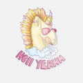 Cute unicorn colored. Unicorn with pink glasses, in cloud with words Hell Yeah on bottom. Colored horn and horse mane