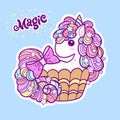 Cute unicorn cupcake on a blue background. Kawaii, child& x27;s drawing. Vector Royalty Free Stock Photo