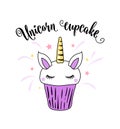 Cute unicorn cupcake with horn, ears and eyes on a white background. Cool comic patch illustration in purple color