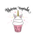 Cute unicorn cupcake with horn and ears on a white background. Cool comic patch illustration in pink color. Lettering
