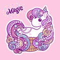 Cute unicorn cupcake on a pink background. Kawaii, child& x27;s drawing. Vector