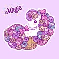 Cute unicorn cupcake on a pink background. Kawaii, child& x27;s drawing. Vector