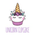 Cute unicorn cupcake on a white background. Royalty Free Stock Photo