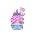 Cute unicorn cupcake on a white background. Royalty Free Stock Photo