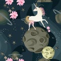Cute unicorn and delicate pink flowers against a background of space with planets and stars in a vector. Seamless pattern. Royalty Free Stock Photo