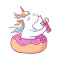 Cute unicorn on donut swimming ring. Summer time. Magic unicorn drinking a cocktail . Cartoon flat style illustration