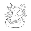 Cute unicorn on donut swimming ring. Summer time. Magic unicorn drinking a cocktail . Cartoon style illustration