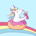 Cute unicorn on donut swimming ring. Summer time. Magic unicorn drinking a cocktail on rainbow . Cartoon flat style